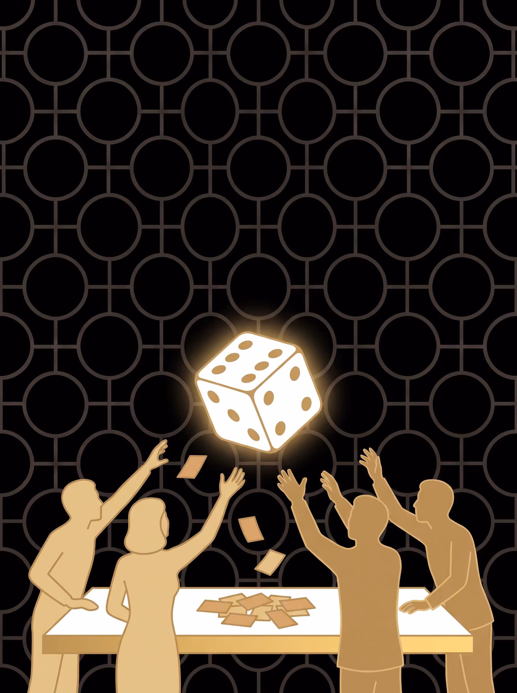 Workshop participants around a table of paper tokens, reaching towards a glowing die